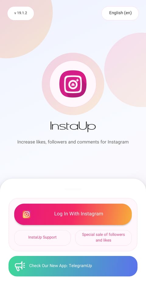 InstaUp welcome screen showing the app logo and the Log In With Instagram button