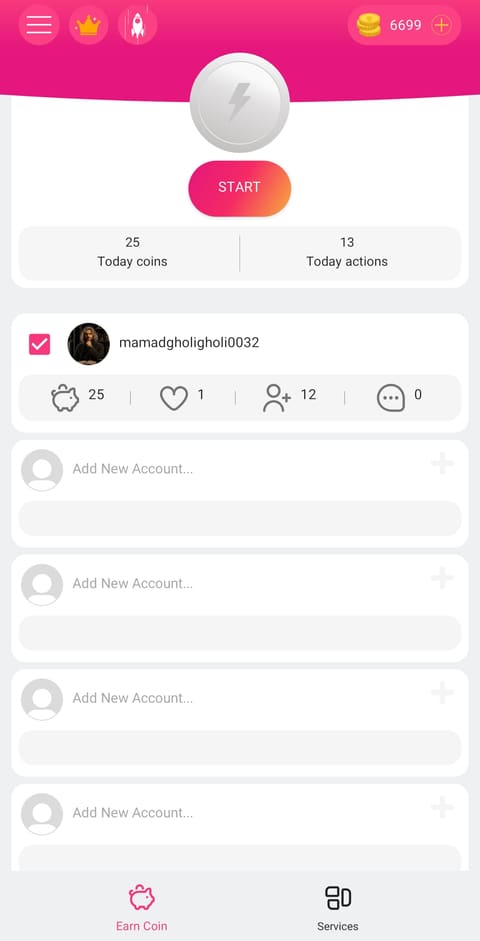 Earn Coin screen showing the Start button, daily coin and action counters, and connected account slots