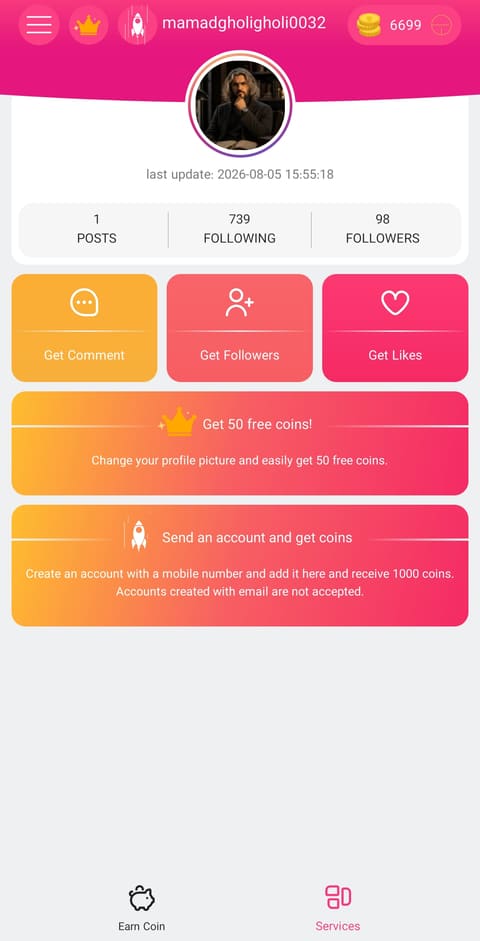 Services screen with Get Comment, Get Followers and Get Likes tiles above two coin bonus banners