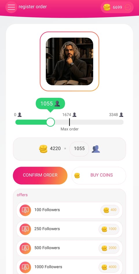 Order screen with a quantity slider set to 1055 followers costing 4220 coins, and a list of follower packages